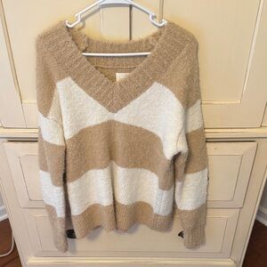 Aerie Striped V-Neck Sweater in Cream and Tan